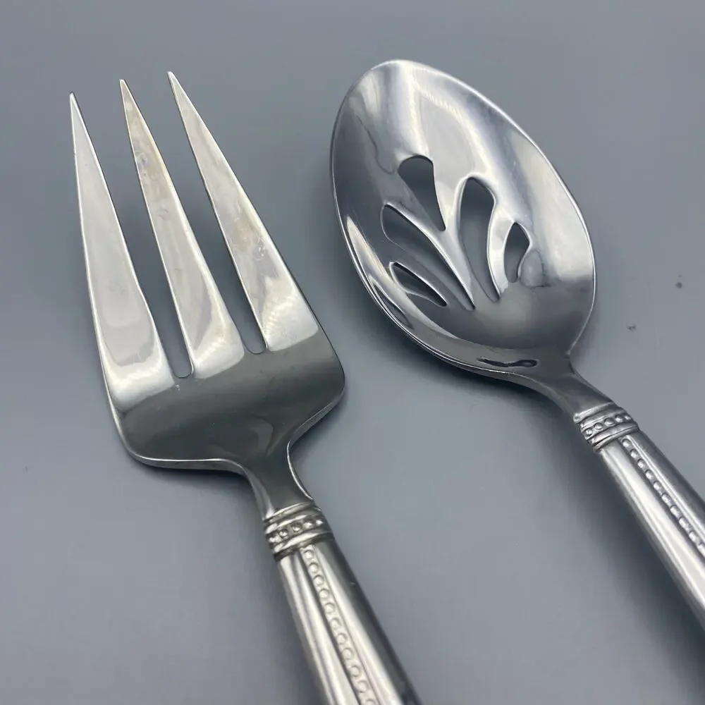 Nicole‎ Miller GREEN TEA Serving Fork Spoon 2pcs Beaded Stainless Flatware